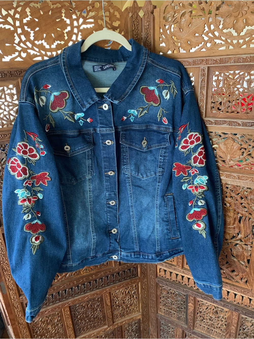 Embroidered Floral Dark Blue Denim Jacket by Sandpiper